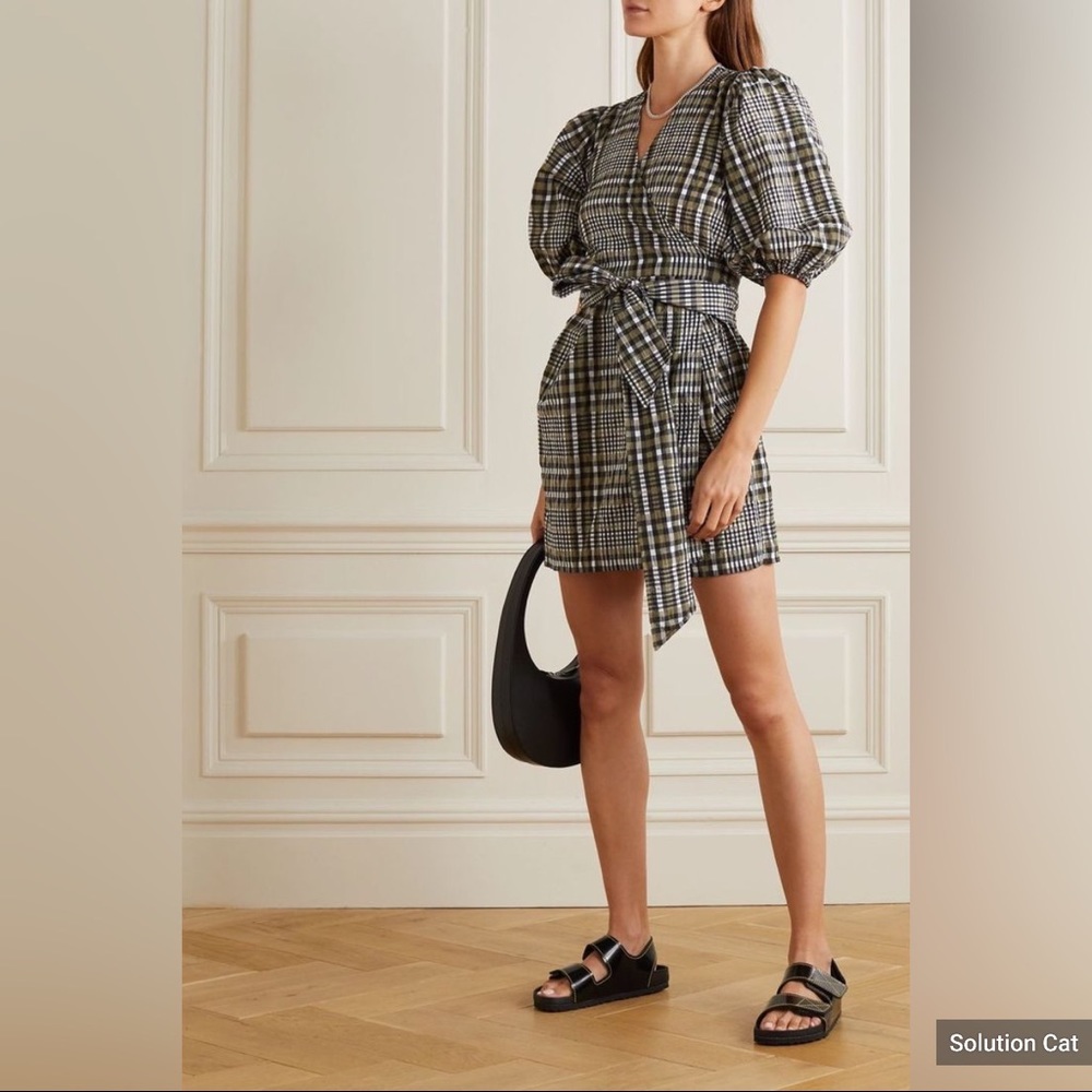 Ganni checked cotton-blend seersucker mini wrap dress